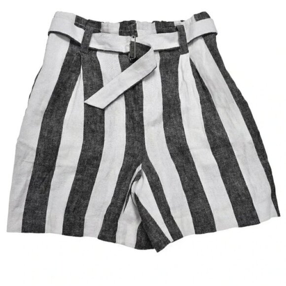 Calvin Klein Linen Blend Shorts High Waist Striped Belted Grey White Size 2 - Picture 1 of 5